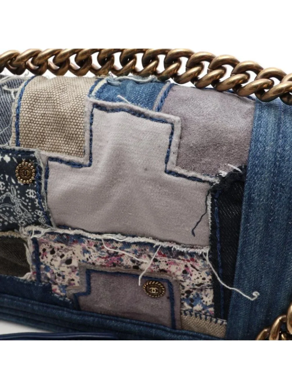 Chanel Shoulder Bag Boy Patchwork Denim Blue Chain